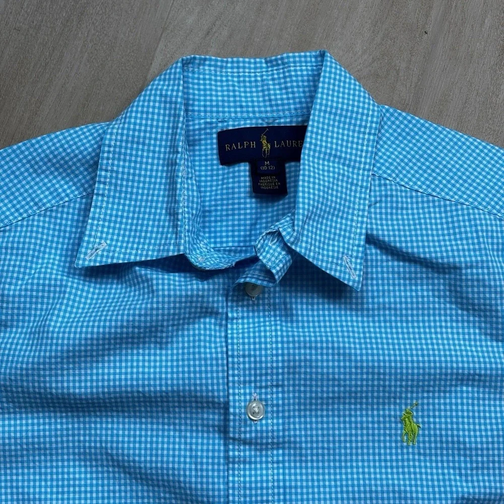 Ralph Lauren Button Down Short Sleeve Gingham Blue White‎ M(10-12) Kids